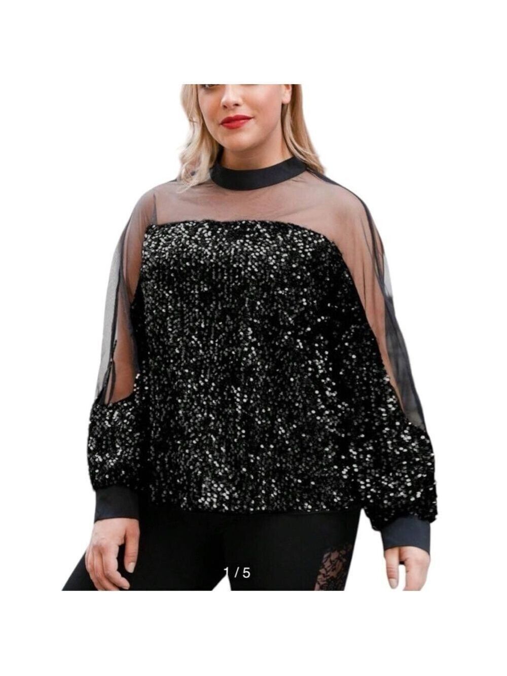 Nine West long sleeve blue sequins black sheer mesh top tunic party Sz L